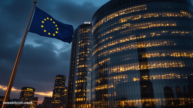 Cinematic photorealistic editorial photograph of the European Central Bank headquarters in Frankfurt, Germany, captured durin