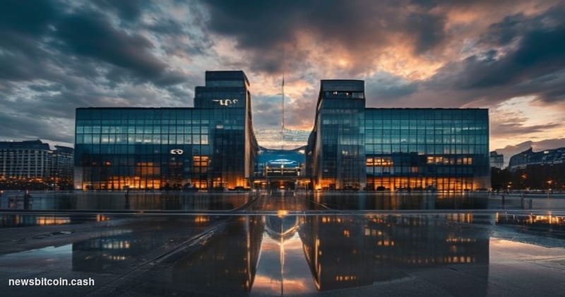 A cinematic photorealistic editorial photograph of the European Central Bank headquarters in Frankfurt, Germany, captured dur