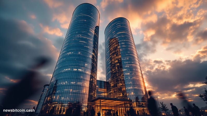 A cinematic photorealistic editorial photograph of the European Central Bank's distinctive glass and steel headquarters build