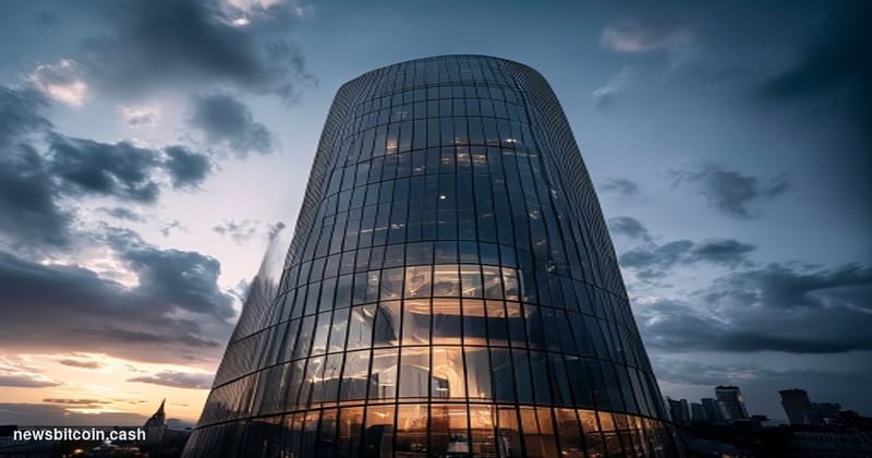 A cinematic photorealistic editorial photograph of the European Central Bank headquarters in Frankfurt, Germany, shot during 