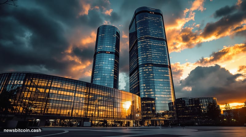 A cinematic photorealistic editorial photograph of the European Central Bank headquarters in Frankfurt, Germany, captured dur