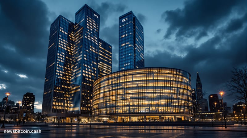 A cinematic photorealistic editorial photograph of the European Central Bank headquarters in Frankfurt's financial district a