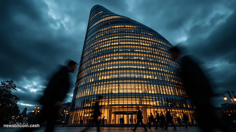 A cinematic photorealistic editorial photograph of the European Central Bank headquarters in Frankfurt, Germany at dusk. The 