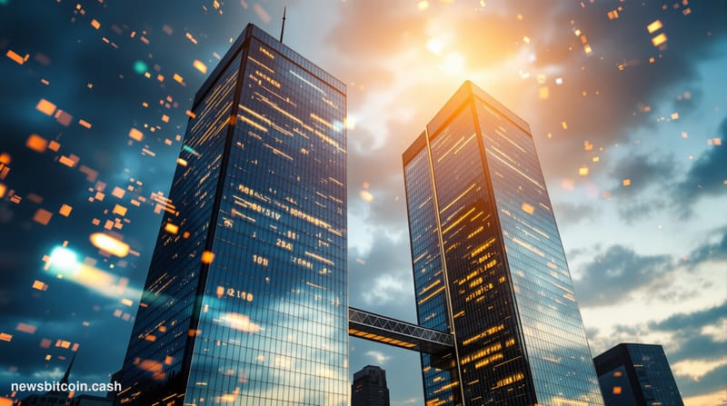 A cinematic photorealistic editorial photograph of the European Central Bank headquarters in Frankfurt, Germany, captured dur