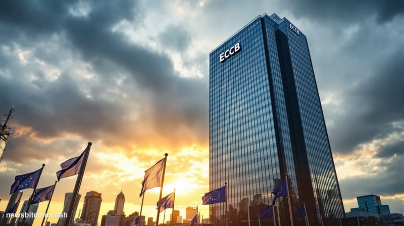 A cinematic photorealistic editorial photograph showing the imposing European Central Bank headquarters in Frankfurt, Germany