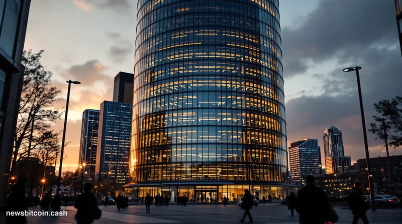 Cinematic photorealistic editorial photograph of the European Central Bank's iconic cylindrical tower headquarters in Frankfu