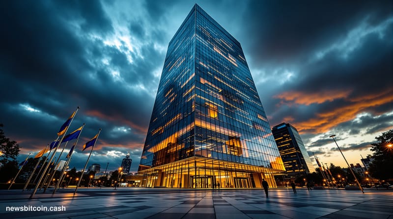 A cinematic photorealistic editorial photograph of the European Central Bank headquarters building in Frankfurt, Germany at d
