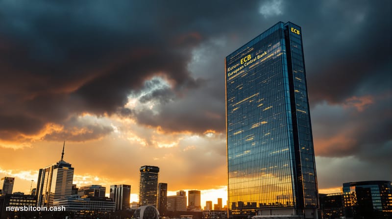 A cinematic photorealistic editorial photograph of the European Central Bank headquarters in Frankfurt, Germany, captured dur
