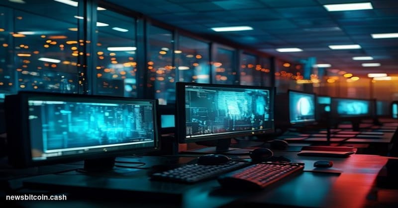 A cinematic photorealistic editorial photograph showing a darkened cryptocurrency trading floor or blockchain security operat