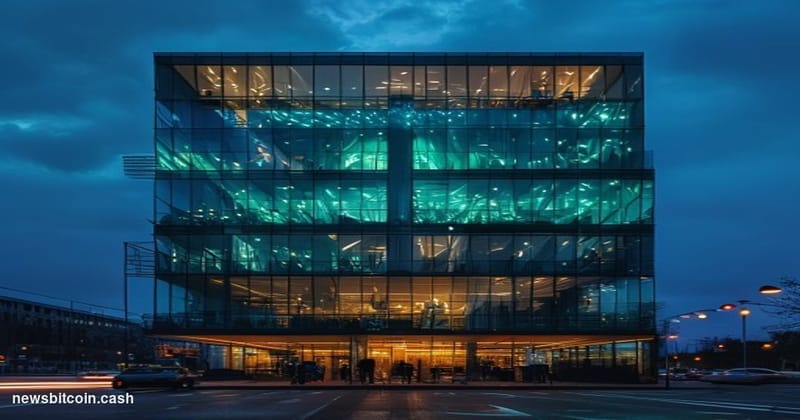 A cinematic photorealistic editorial photograph of a modern tech office building at dusk, with multiple floors of illuminated
