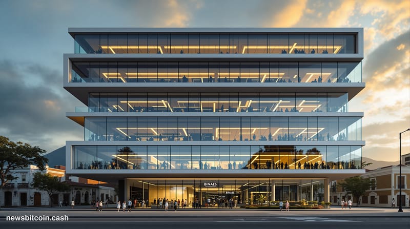 A cinematic photorealistic editorial photograph of a striking modern seven-story library building in San Salvador, El Salvado