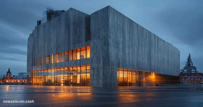 A cinematic photorealistic editorial photograph of the Estonian Financial Intelligence Unit headquarters building in Tallinn,