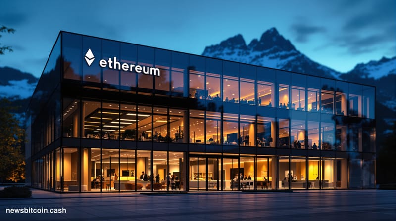 A cinematic photorealistic editorial photograph of the Ethereum Foundation headquarters building in Zug, Switzerland, with dr
