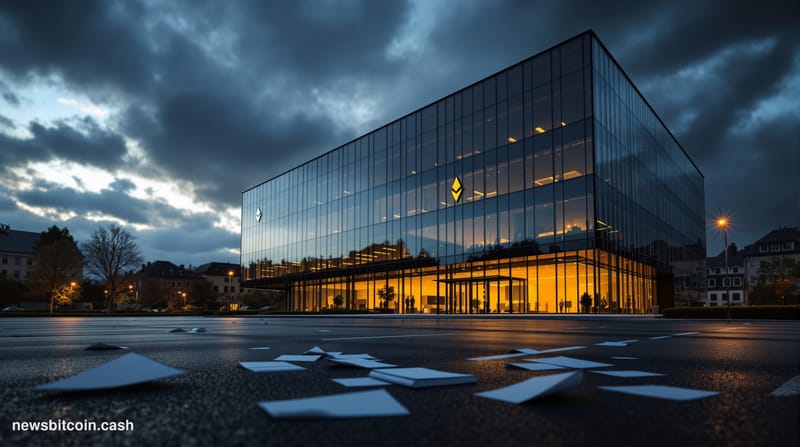 A cinematic photorealistic editorial photograph of the Ethereum Foundation's modern glass office building in Zug, Switzerland