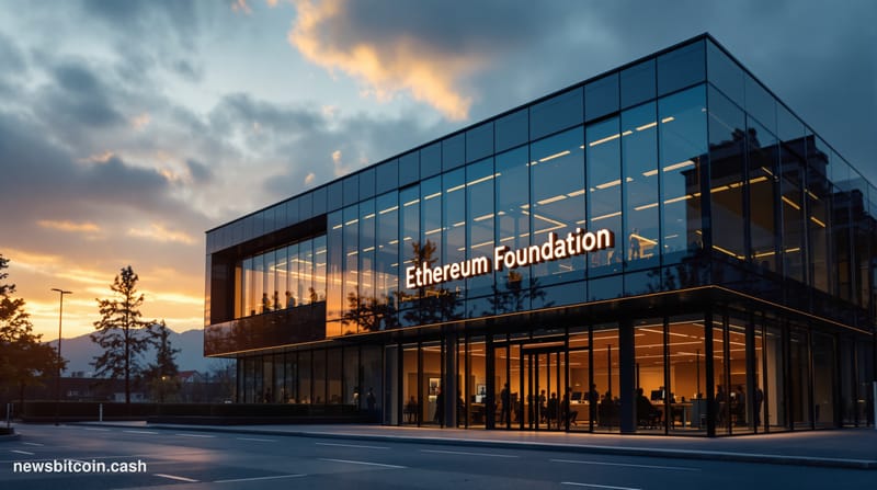 A cinematic photorealistic editorial photograph of the Ethereum Foundation's modern office building in Zug, Switzerland, shot