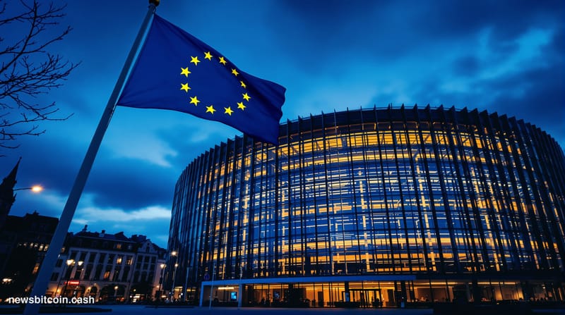 Cinematic photorealistic editorial photograph of the European Parliament building in Strasbourg at dusk, shot from a low angl