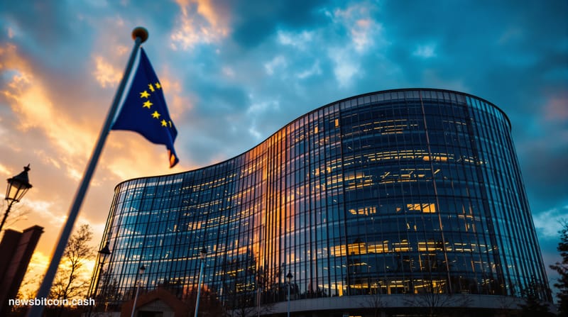 A cinematic photorealistic editorial photograph of the European Commission headquarters building in Brussels, Belgium, shot d