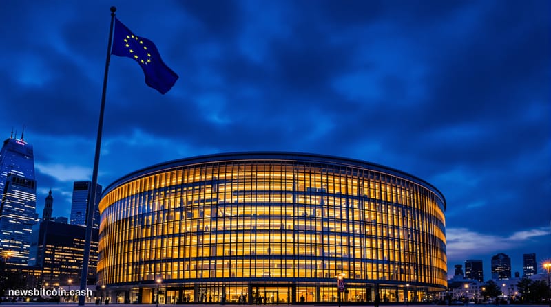 A sweeping cinematic photograph of the European Central Bank headquarters in Frankfurt, Germany at dusk, with its distinctive