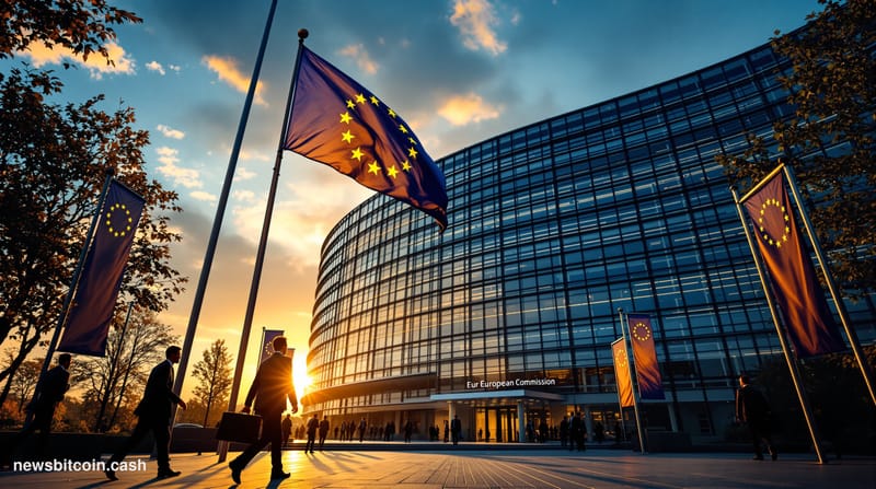 A cinematic photorealistic editorial photograph showing the European Commission headquarters building in Brussels' Berlaymont