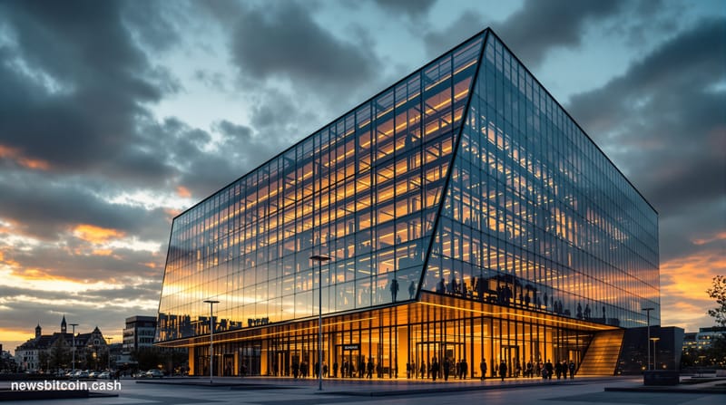A cinematic photorealistic editorial photograph showing the distinctive modern glass and steel architecture of Boerse Stuttga