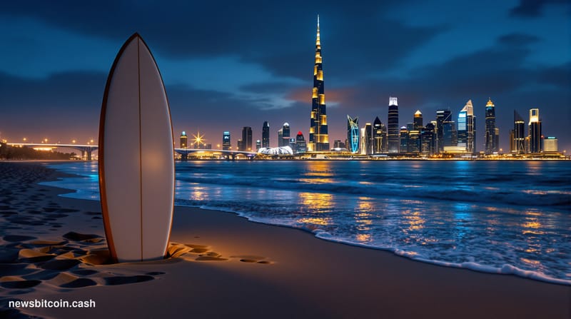 Cinematic photorealistic editorial photograph showing Dubai's iconic skyline at dusk with the Burj Khalifa prominently featur