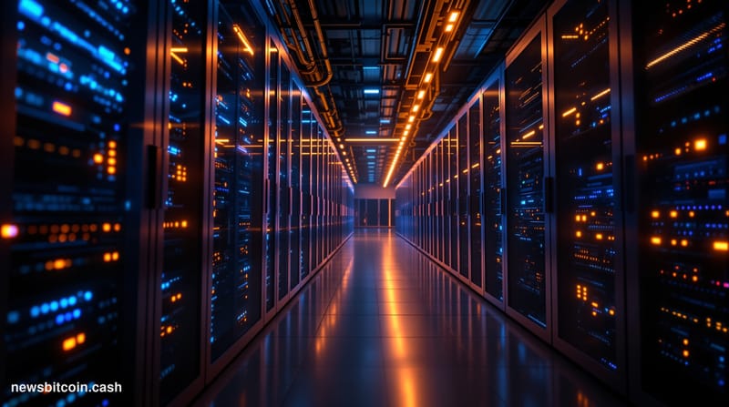 A cinematic photorealistic editorial photograph showing a modern data center or blockchain infrastructure facility at twiligh
