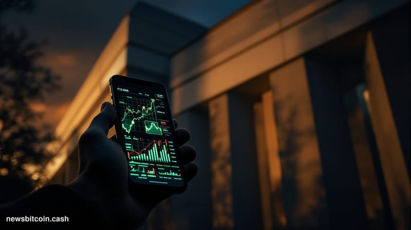 A cinematic photorealistic editorial photograph of the FBI headquarters building in Washington DC, taken from a low angle wit