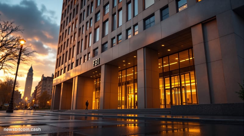 Photorealistic editorial photograph of the FBI headquarters building in Washington D.C., the imposing concrete and glass J. E