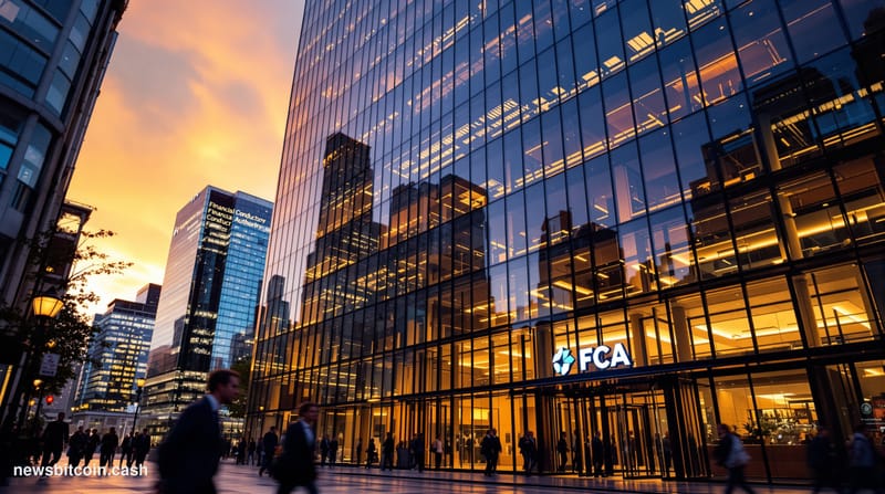 A cinematic photorealistic editorial photograph showing the imposing glass and steel facade of the Financial Conduct Authorit