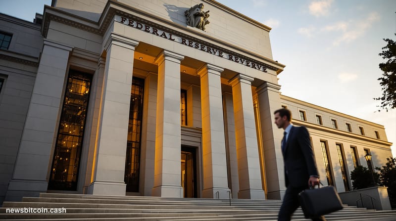 Cinematic photorealistic editorial photograph of the Federal Reserve building in Washington D.C., shot from a low angle to em