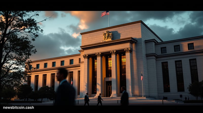 A cinematic photorealistic editorial photograph of the Federal Reserve building in Washington DC, captured during golden hour