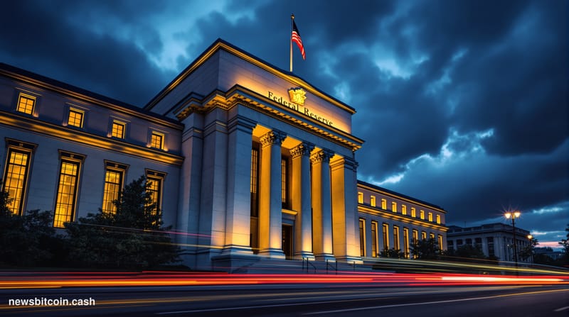 A cinematic photorealistic editorial photograph of the Federal Reserve building in Washington DC at dusk, with warm golden li