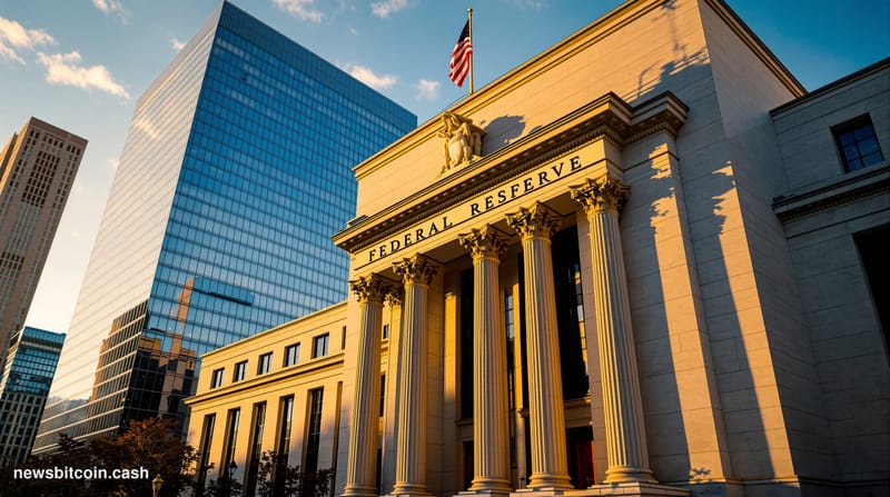 A dramatic cinematic photograph of the Federal Reserve building's imposing neoclassical facade in Washington D.C., shot from 