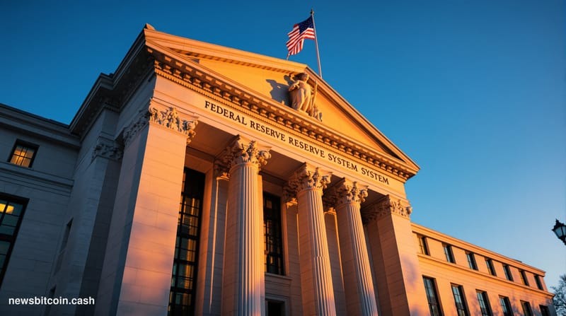 Cinematic photorealistic editorial photograph of the Federal Reserve Board building in Washington D.C., shot from a low angle
