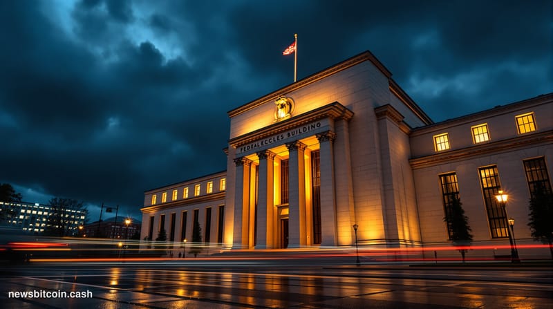 Cinematic photorealistic editorial photograph of the Federal Reserve Building (Eccles Building) in Washington DC at dusk, sho