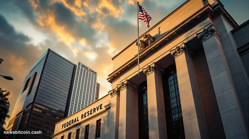A cinematic photorealistic editorial photograph of the Federal Reserve building in Washington D.C. at golden hour, shot from 