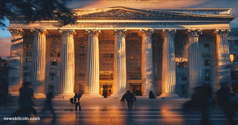 A cinematic photorealistic editorial photograph showing the imposing neoclassical facade of the Federal Reserve Building in W