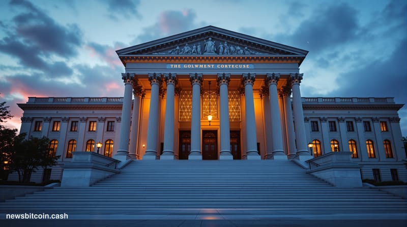 A cinematic photorealistic editorial photograph of the Federal Reserve headquarters building in Washington D.C., captured dur