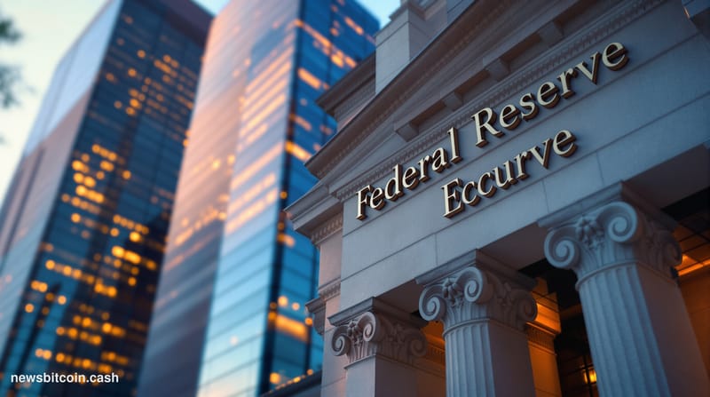 A cinematic photorealistic editorial photograph of the Federal Reserve's Marriner S. Eccles Building in Washington D.C., capt