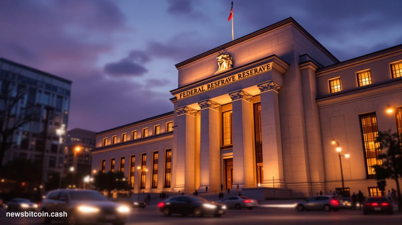 A cinematic photorealistic editorial photograph of the Federal Reserve building in Washington D.C. at dusk, shot from a low a