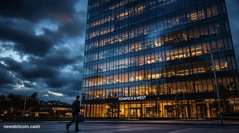 A cinematic photorealistic editorial photograph of Fenwick & West's Silicon Valley law office exterior at dusk, with the firm