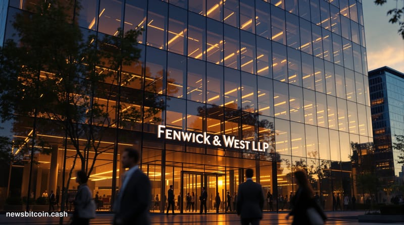 Cinematic photorealistic editorial photograph of the imposing glass facade of Fenwick & West's Silicon Valley headquarters in