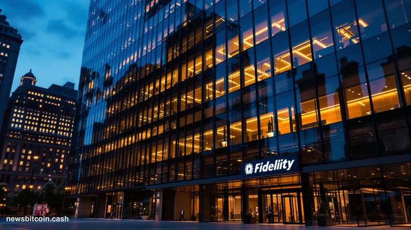 A cinematic photorealistic editorial photograph showing the imposing glass facade of Fidelity's Boston headquarters at dusk, 