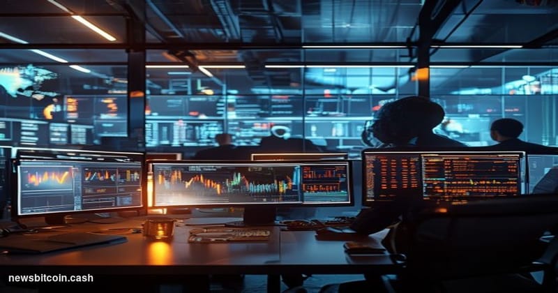 A cinematic photorealistic editorial photograph showing a modern fintech office environment with multiple computer screens di