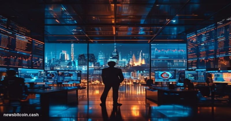 A cinematic photorealistic editorial photograph showing a modern glass-walled trading floor or fintech office space, with mul