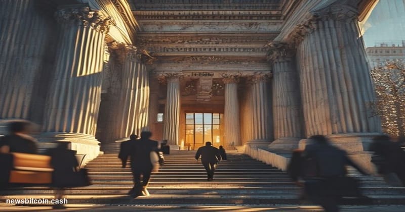 A cinematic photorealistic editorial photograph showing a modern federal courthouse exterior with imposing neoclassical colum