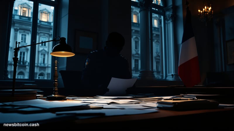 A cinematic photorealistic editorial photograph showing the interior of a French police station or courthouse with dramatic s