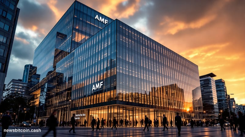 A cinematic photorealistic editorial photograph showing the imposing glass and steel headquarters of France's Autorité des Ma