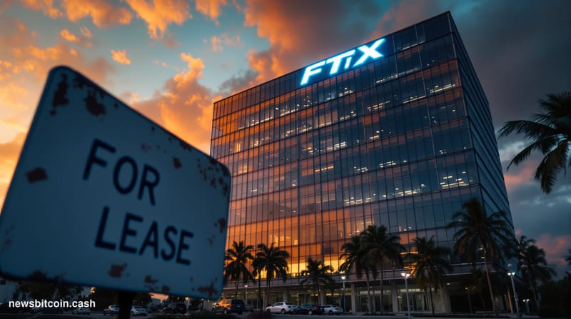 A cinematic photorealistic editorial photograph showing the exterior of FTX's former headquarters building in Nassau, Bahamas