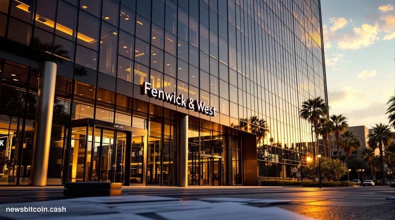 Cinematic photorealistic editorial photograph of the Fenwick & West law firm's imposing glass and steel headquarters building